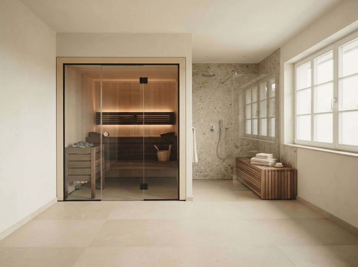 Wellnessraum im Eigenheim mit Sauna hinter Glasfront und Duschbereich in Naturstein
